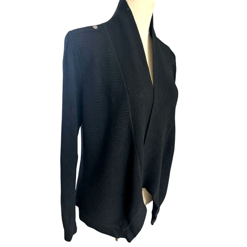 WHBM Wool Blend Black Open Front Ribbed Knit Cardigan Sweater Size M - Picture 5 of 9
